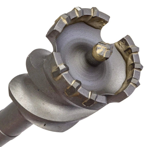 Close-up of 2-1/2 Inch Carbide Tipped Drill Bit SDS Max Heavy Duty Bit With 11 Hardened Carbide Teeth Forged High Speed Steel