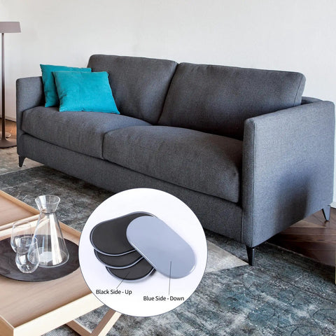 No Sweat Heavy Duty Furniture Movers Sliders 8 Pack for Carpet and Hardwood Floors shown on sofa, with blue and black colors visible.
