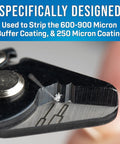 Close-up of Fiber Optic Stripper Two Hole For Quick Cable Prep removing 900 micron buffer and 250 micron coating.