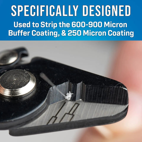 Close-up of Fiber Optic Stripper Two Hole For Quick Cable Prep removing 900 micron buffer and 250 micron coating.