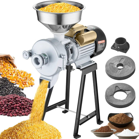 Electric Grain Mill Grinder 3000W 2 In 1 Wet And Dry Grinding with corn in funnel and motor on black stand