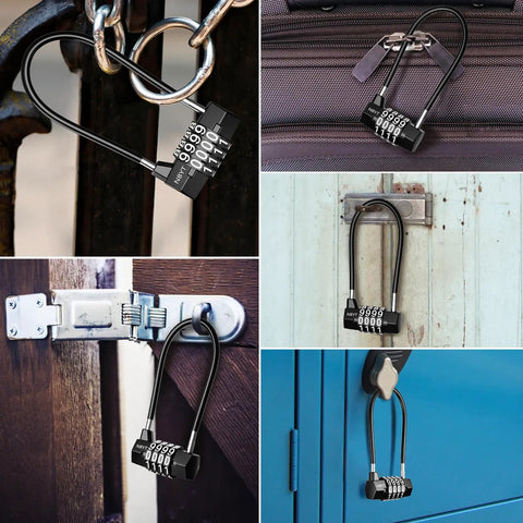 Tough As Nails Heavy Duty Long Shackle Padlock With 4 Digit Resettable Combination And Steel Cable Weatherproof And Cut Resistant Lock on various lockers and bags.