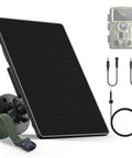 Rugged Trail Camera Solar Panel And 6W Solar Charger Kit For Hunting Cameras with cables, green strap and trail camera.