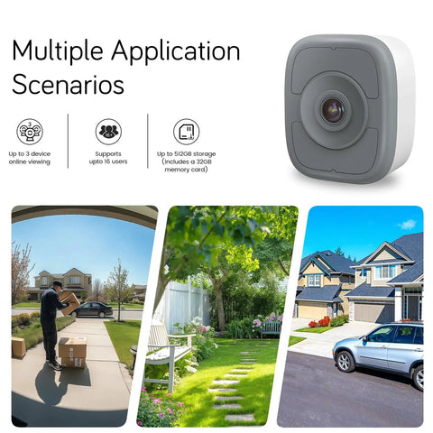 No Drill Magnetic Window Camera With 32GB SD Card 3K 5MP HD showing multiple use scenarios in home and outdoor settings