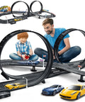 Father and son playing with Totally Electric Slot Car Race Track Set For Kids Dual Color Cars Loop Flyover Beginner Friendly Easy Assembly