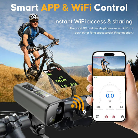 Cyclist using 4K 30Fps Action Camera With GPS Tracker For Cyclists; view of app interface on smartphone, showcasing WiFi control.