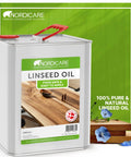 Nordicare Linseed Oil gallon can with label, featuring table wood grain, focus keyword: Pure Linseed Oil For Wood 100 Percent Natural.