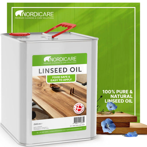 Nordicare Linseed Oil gallon can with label, featuring table wood grain, focus keyword: Pure Linseed Oil For Wood 100 Percent Natural.