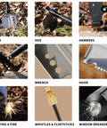Heavy Duty Camping Axe And Shovel Multi Tool Set For Off Road Survival Gear Tactical Car Emergency Kit Compact Steel Axe Shovel Combo Built Tough For Camping Hiking Bug Out And Everyday Outdoor Projects displaying tools including spade, hoe, and axe head in use outdoors.