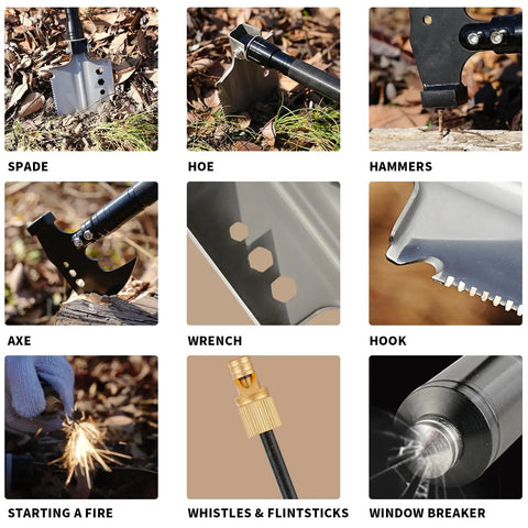 Heavy Duty Camping Axe And Shovel Multi Tool Set For Off Road Survival Gear Tactical Car Emergency Kit Compact Steel Axe Shovel Combo Built Tough For Camping Hiking Bug Out And Everyday Outdoor Projects displaying tools including spade, hoe, and axe head in use outdoors.