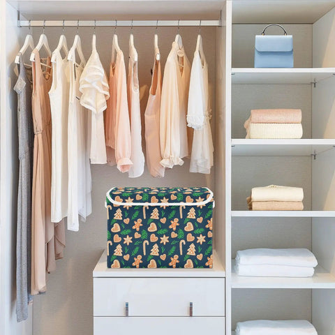 Foldable Storage Bin With Flip Top Lid And Reinforced Handles For Bedroom Closet on shelf with clothes, 300D Oxford fabric, colorful design.
