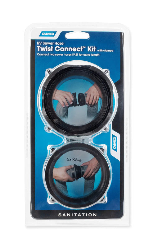 Camper And RV Sewer Hose Twist Connect Kit For No Fuss Easy Connection Of Two Hoses With A Simple Nonrestrictive Design Extends Reach For RV Tank Dumping Fits Standard 3 Inch Camper Sewer Hoses Includes Lug Connector Fitting And More packaging showing two connectors