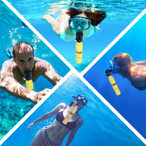 People using 0.5L Mini Scuba Tank Portable Lung Tank DOT Certified for Underwater Breathing Training in a vibrant ocean setting.