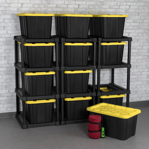Four Tier Vertical Tote Storage Rack For Garage Organization Holds Four 27 Gallon Bins Heavy Duty Plastic Organizer