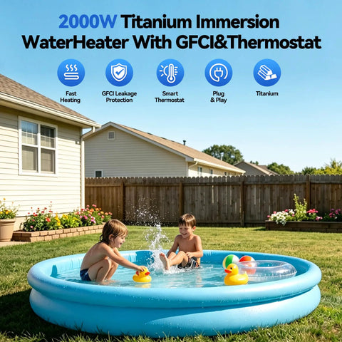 Kids enjoying a pool heated by the Top Tier 2000 Watt Titanium Immersion Water Heater With Easy Spin Temperature Dial And Built In GFCI Safety Plug.