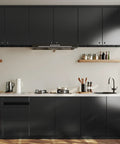 Modern kitchen with Refrigerator And Appliance Wrap Peel And Stick Wallpaper In Black Metallic Brushed Stainless Steel Look.