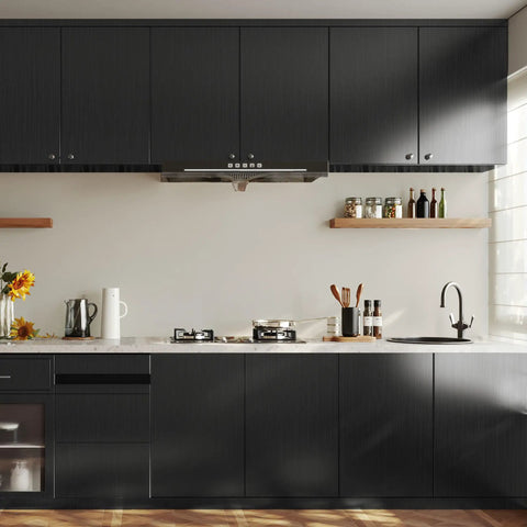 Modern kitchen with Refrigerator And Appliance Wrap Peel And Stick Wallpaper In Black Metallic Brushed Stainless Steel Look.
