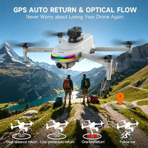 GPS Drone With 4K Camera And 5.5 Inch Touchscreen Remote No Phone Needed Foldable Under 260g flying above hikers in mountains