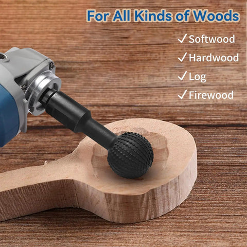 Rock Solid Carbon Steel Sphere Rotary Burr With Standard 5/8-11 Threads For 4-1/2 And 5 Inch Angle Grinders on wood.