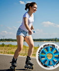 Person inline skating beside lake with image inset of 90mm 85A Inline Skate Wheels Set Of 6 For Outdoor Replacement With Blue Core High Rebound PU.
