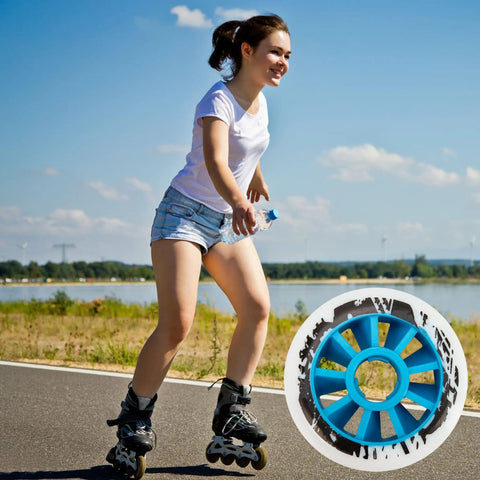 Person inline skating beside lake with image inset of 90mm 85A Inline Skate Wheels Set Of 6 For Outdoor Replacement With Blue Core High Rebound PU.