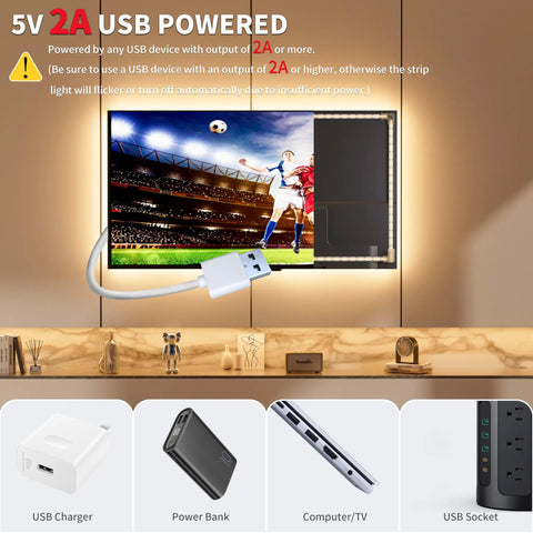 Dotless USB Powered LED Strip Lights 5V Dimmable 3000K Warm White 6.56ft TV backlight illustrating power sources