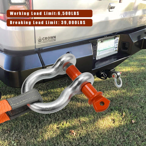 Heavy Duty Five Eighth Inch D Ring Shackles Three Point Two Five Ton Working Load Limit Clevis Shackle With Three Quarter Inch Alloy Screw Pin Two Pack For Off Road Jeep Trailer Towing Orange attached to vehicle hitch