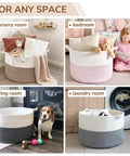 XXL Cotton Rope Blanket Basket With Handles For Living Room Storage 21.7 Inches Square And 13.8 Inches Tall Handwoven Go To Toy And Laundry Organizer To Tidy Blankets Pillows Clothes And More used in different rooms like nursery, bedroom, living room, and laundry room with specific uses for each space.