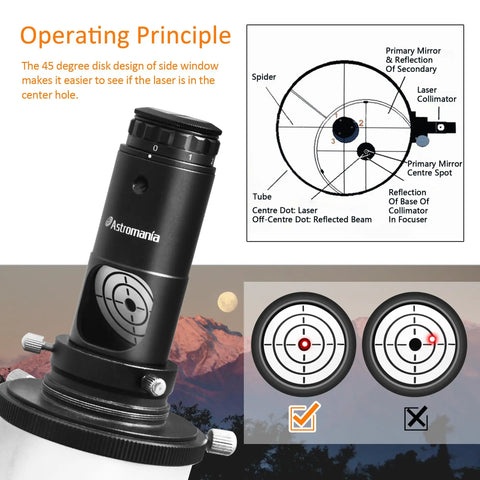 Laser Collimator For Newtonian Dobsonian Telescopes 1.25 Inch Alignment Tool with Optical Diagram and Target Screens
