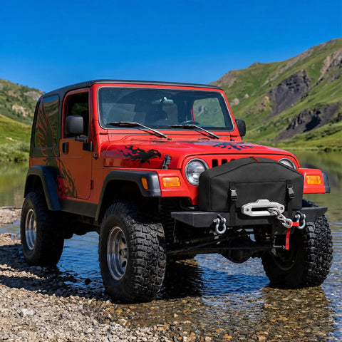 Cool Covertify Heavy Duty Winch Cover With Buckle, 600D Oxford Fabric waterproof protection on red Jeep by water.