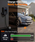 50 Amp Level 2 EV Charger With J1772, Hardwired, NEMA 14-50 Plug, 25-Ft Cable charging electric car in garage