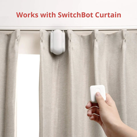 Hand using One Tap Smart Remote with SwitchBot Curtain, Bluetooth control, no phone needed.