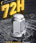 Water splashing around a shiny lug nut, highlighting rust prevention. Text reads: 72H quality control testing. M12x1.5 Chrome Lug Nuts 20 Piece Set For Ford Fusion Focus Escape Honda Accord Civic CRV Chevy Cruze Malibu Dodge Journey Jeep Compass Patriot Conical 60 Degree Seat 19mm Hex 35mm Length