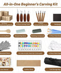 All-In-One Wood Carving Kit For Beginners With 4 Carving Knives, 5 Detail Knives, Basswood Blocks, and DIY Tools Displayed