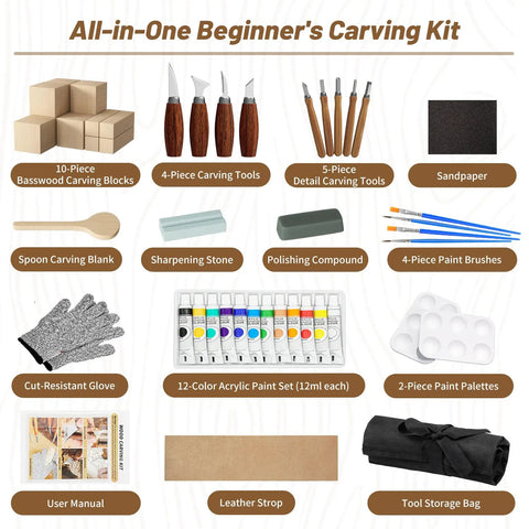 All-In-One Wood Carving Kit For Beginners With 4 Carving Knives, 5 Detail Knives, Basswood Blocks, and DIY Tools Displayed