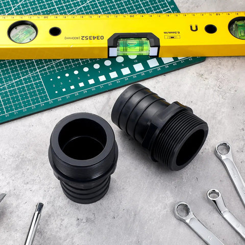 Pool PVC Barbed Fittings To NPT Male Adapters One And A Half Inch Tubing Connectors Kit on workshop table with tools