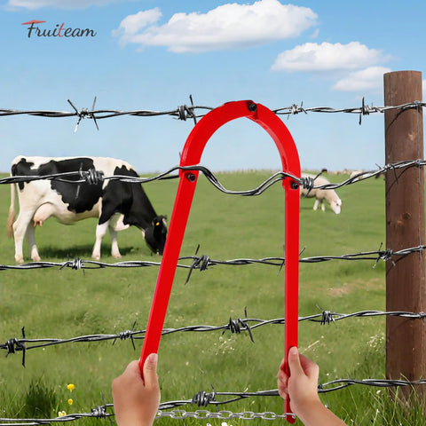 Hands using Beefy Heavy Duty Fence Stretcher Fixer And Wire Tightener Tool 7.7 Lbs on barbed wire with cows in background