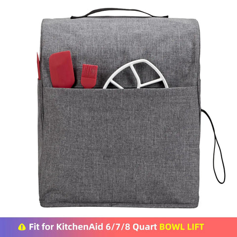 Gray Stand Mixer Dust Cover With Zipper Pocket For 6 To 8 Quart Bowls showing front pocket with utensils