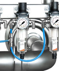 Industrial setup with gauges and blue air lines, showcasing pneumatic quick connect fittings for air tools and systems.