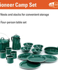 Four Person Camp Dinnerware Set With Enamel Percolator Frypan Kettle Cups Plates Bowls And Mugs Rugged Outdoor Kitchen Gear