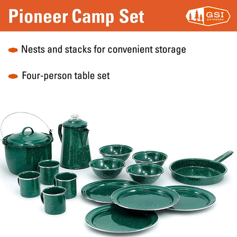 Four Person Camp Dinnerware Set With Enamel Percolator Frypan Kettle Cups Plates Bowls And Mugs Rugged Outdoor Kitchen Gear
