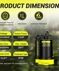 Next Level Half Horsepower Submersible Water Pump Designed For Rock Solid 2650 Gallons Per Hour Flow showing dimensions and specifications.