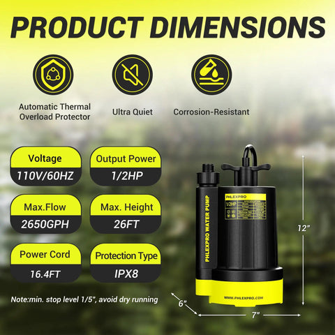 Next Level Half Horsepower Submersible Water Pump Designed For Rock Solid 2650 Gallons Per Hour Flow showing dimensions and specifications.