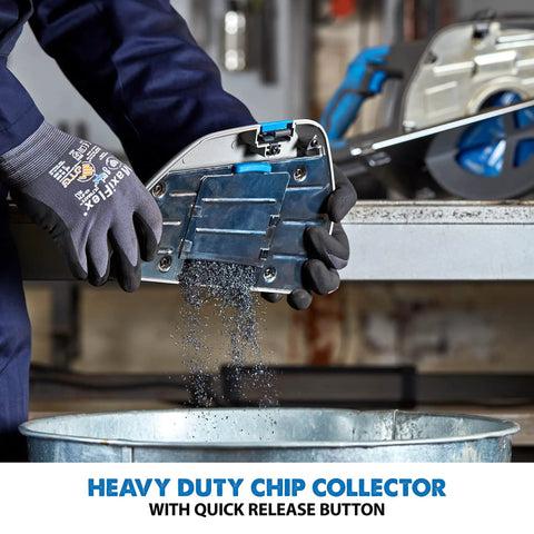 8.25 Inch Metal Cutting Circular Saw With High Torque Motor, showing heavy duty chip collector in use, no sparks.