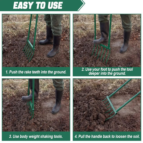 Instructions using Heavy Duty Garden Broadfork With Dual Handles, 59 Inch Long Steel Pitch Fork, for soil loosening and aeration.