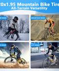 Two Mountain Bike Tires And Tubes Set With 20x1.95 Tire And 32mm Inner Tubes, folding replacement, shown in various terrains
