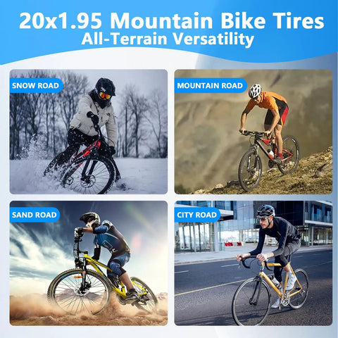 Two Mountain Bike Tires And Tubes Set With 20x1.95 Tire And 32mm Inner Tubes, folding replacement, shown in various terrains