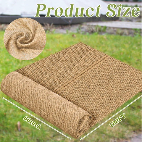 Natural Burlap Roll 60 Inch By 100 Feet Garden Weed Barrier Fabric Jute Cloth For Outdoor Landscaping shown unrolled on grass
