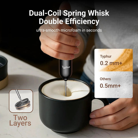 Milk Frother With Variable Speed Rechargeable Wand Detachable Double Whisk Handheld Electric Stirrer in use frothing milk in mug