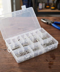Open box of 122 Piece Stainless Steel Clevis Pin And Cotter Pin Kit For Trailer Hitches Furniture Lawn Mowers And Machinery Repairs
